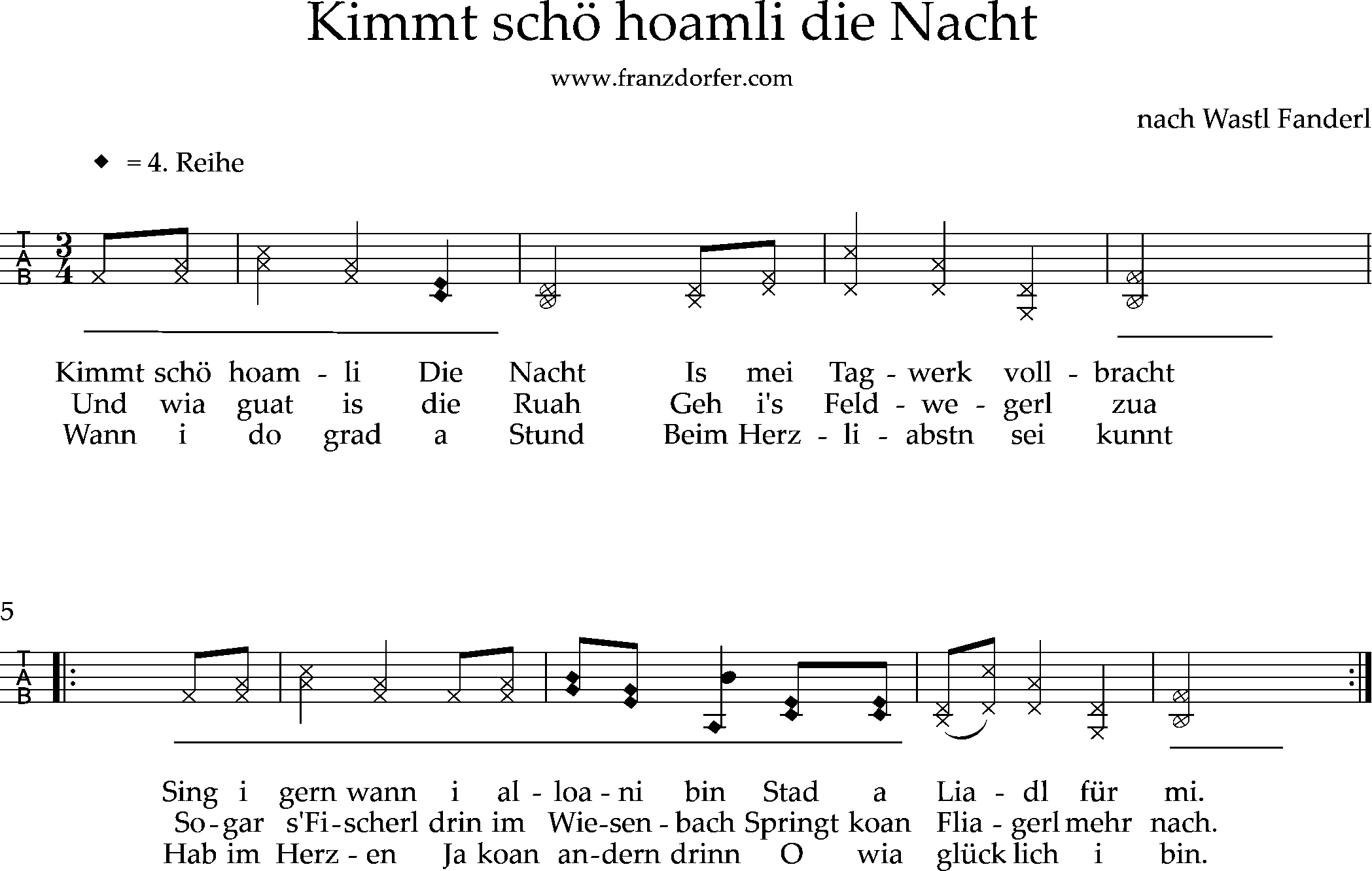 Noten , 2stimmig, kimmt schö hoamli die Nacht